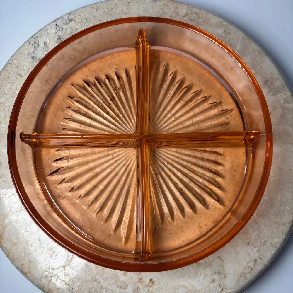 Vintage Pink Depression Glass Divided 4 Section‎ Round Serving Candy Dish 8